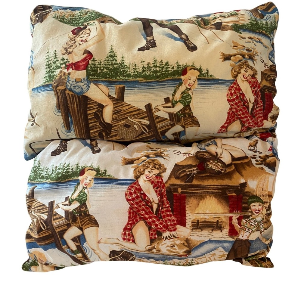 Pin Up Girl Pillows Vintage Style Decorative Throw Lodge Cabin Man Cave Set of 2